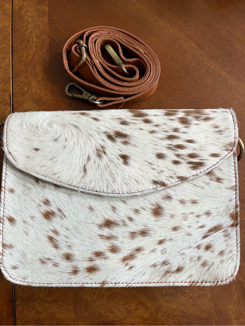 Women’s Spotted Haircalf Crossbody Bag with Leather Strap
